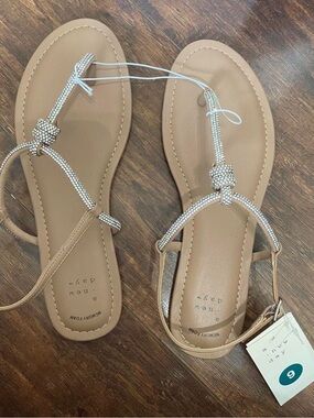 a new day Tan T-Strap Sandals with Rhinestone Accents